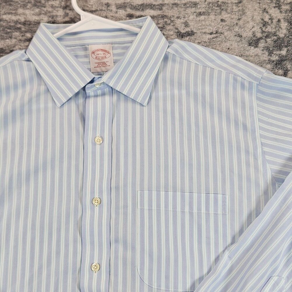 Brooks Brothers Shirt Mens 16.5-35 Blue Striped Traditional Fit Non Iron Cotton